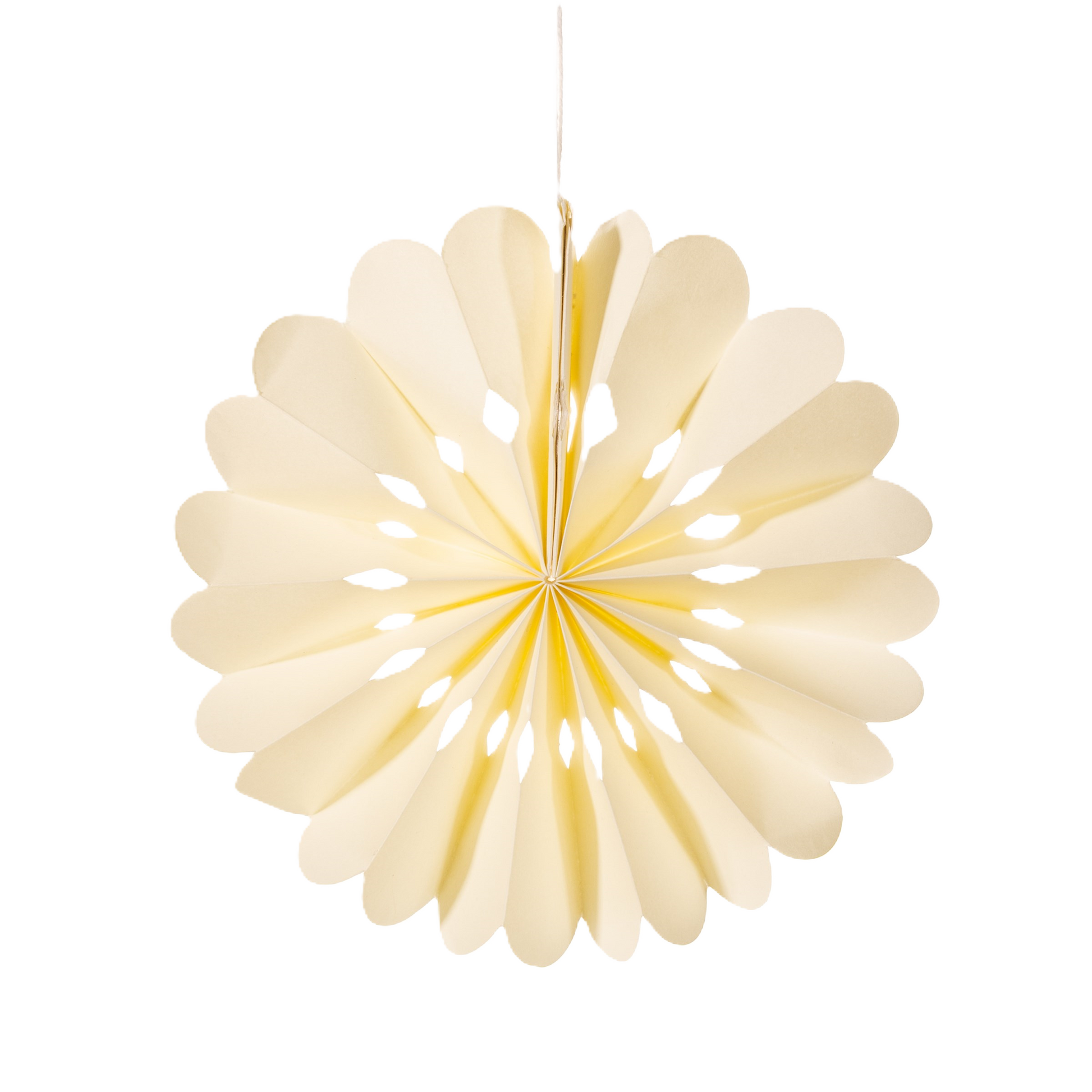 A white snowflake-shaped paper hanging decoration for Christmas.