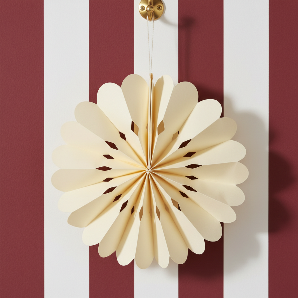 A white snowflake-shaped paper hanging decoration for Christmas.