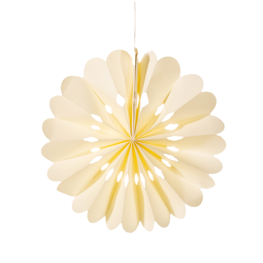 A white snowflake-shaped paper hanging decoration for Christmas.