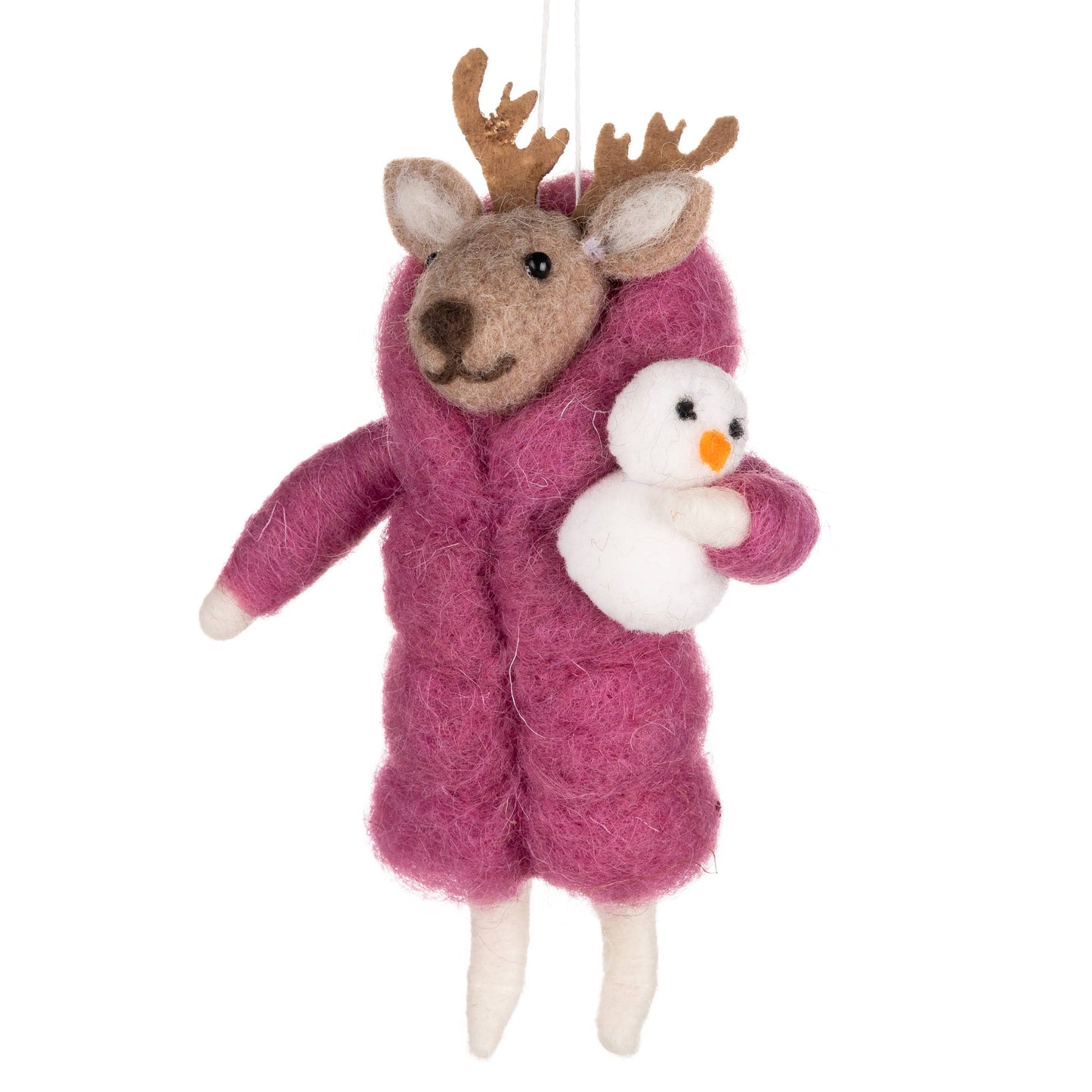 Felted reindeer ornament wearing a pink coat holding a snowman on a white background