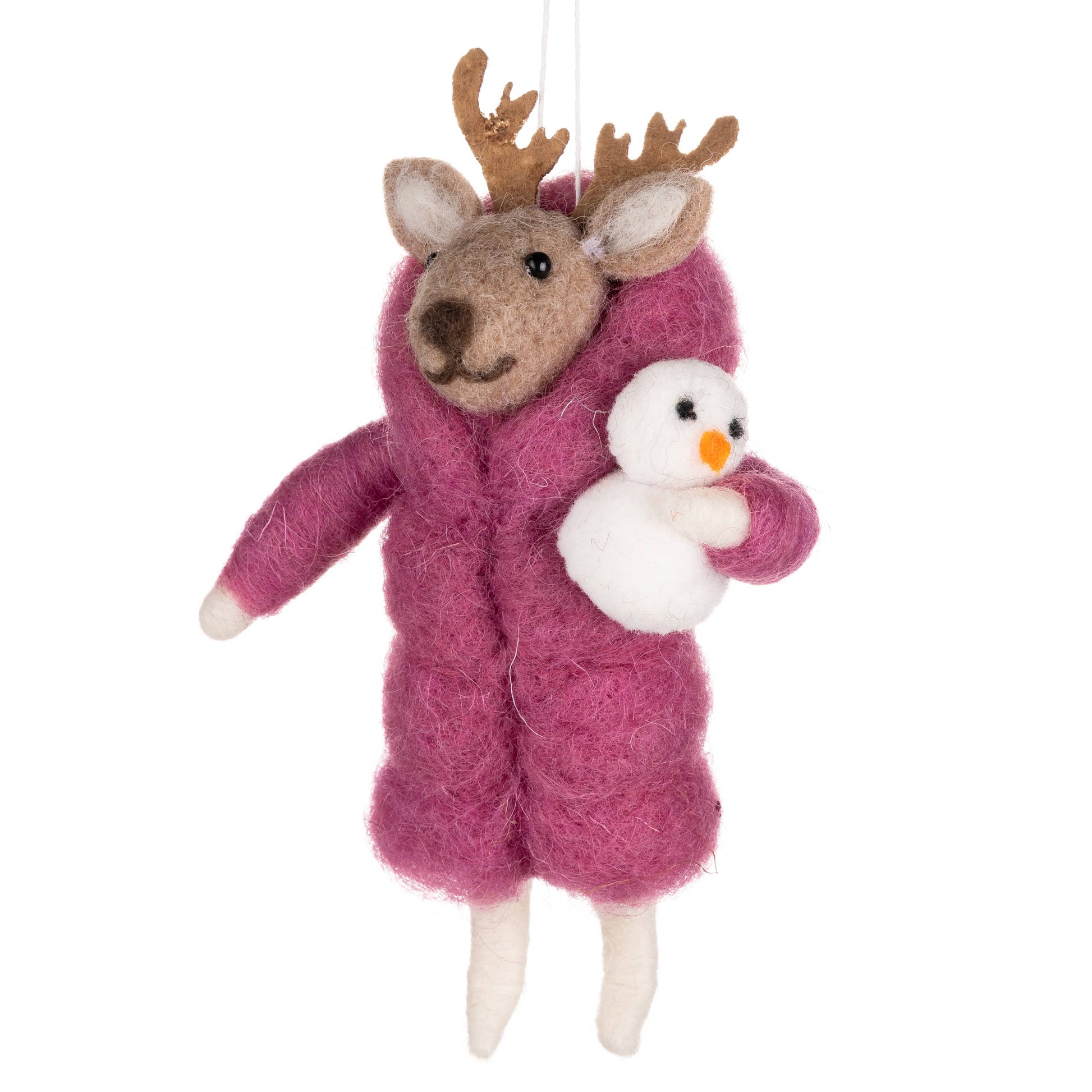 Felted reindeer ornament wearing a pink coat holding a snowman on a white background