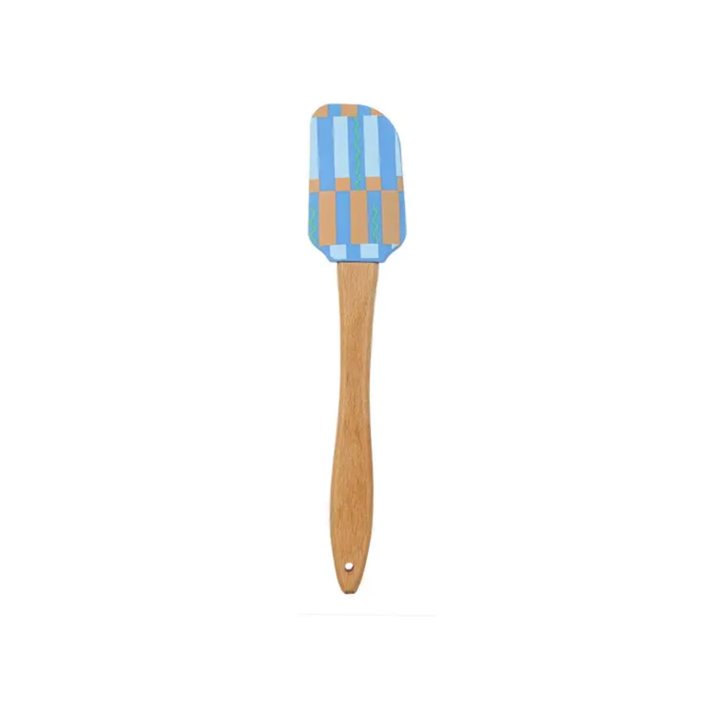 Spatula with a checkered blue and orange head and wooden handle on a white background
