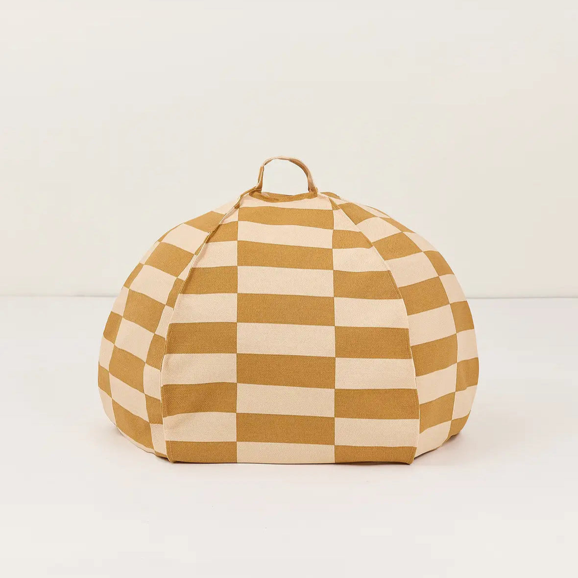 Checkered bean bag chair with a brown and beige pattern on a white background
