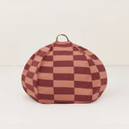 Checkered bean bag chair with a brown and pink pattern on a white background